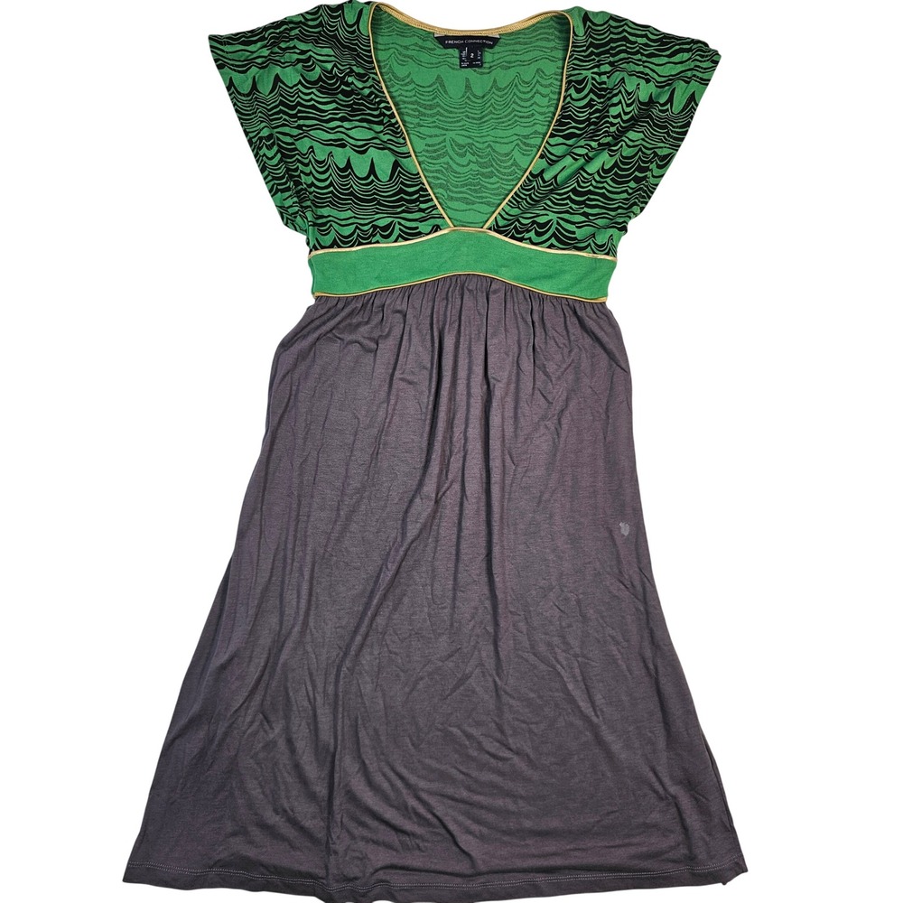 French Connection Green Grey Wave Print Empire Waist V-Neck Mini Dress Size 2